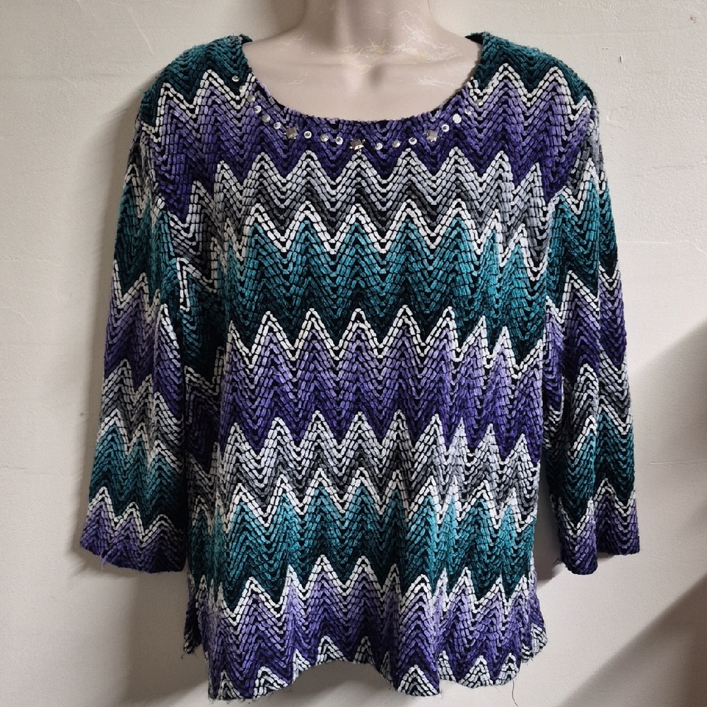 Alfred Dunner Zigzag Blouse - Purple, Teal, and Black
